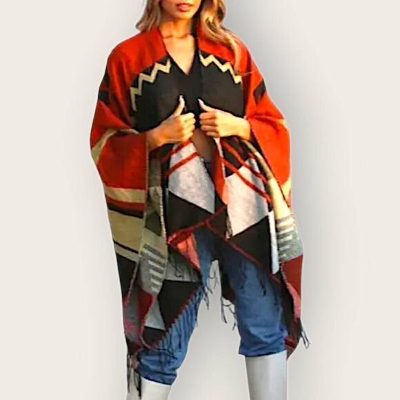 Marc New York Poncho Southwestern Cape One Size Black‎ Rust Earthy Western Gorp - Picture 1 of 13